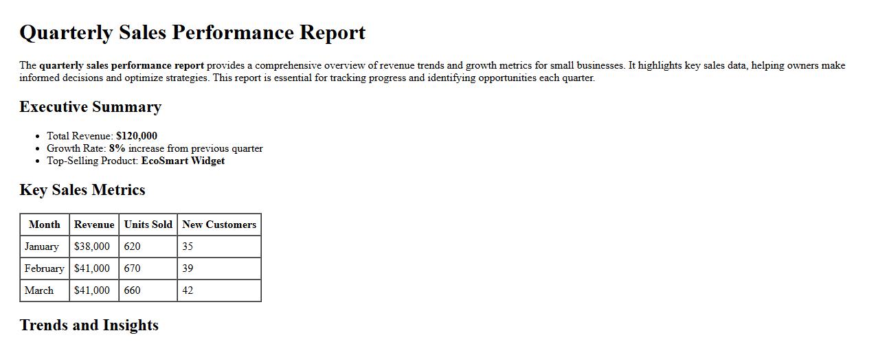 Quarterly sales performance report for small business image preview