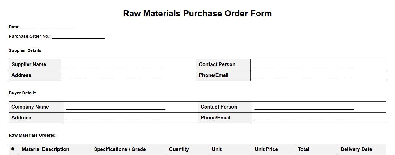 raw materials purchase order form sample format image preview