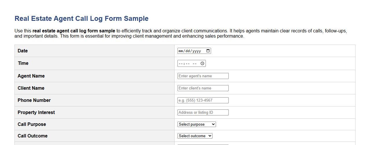 real estate agent call log form sample image preview