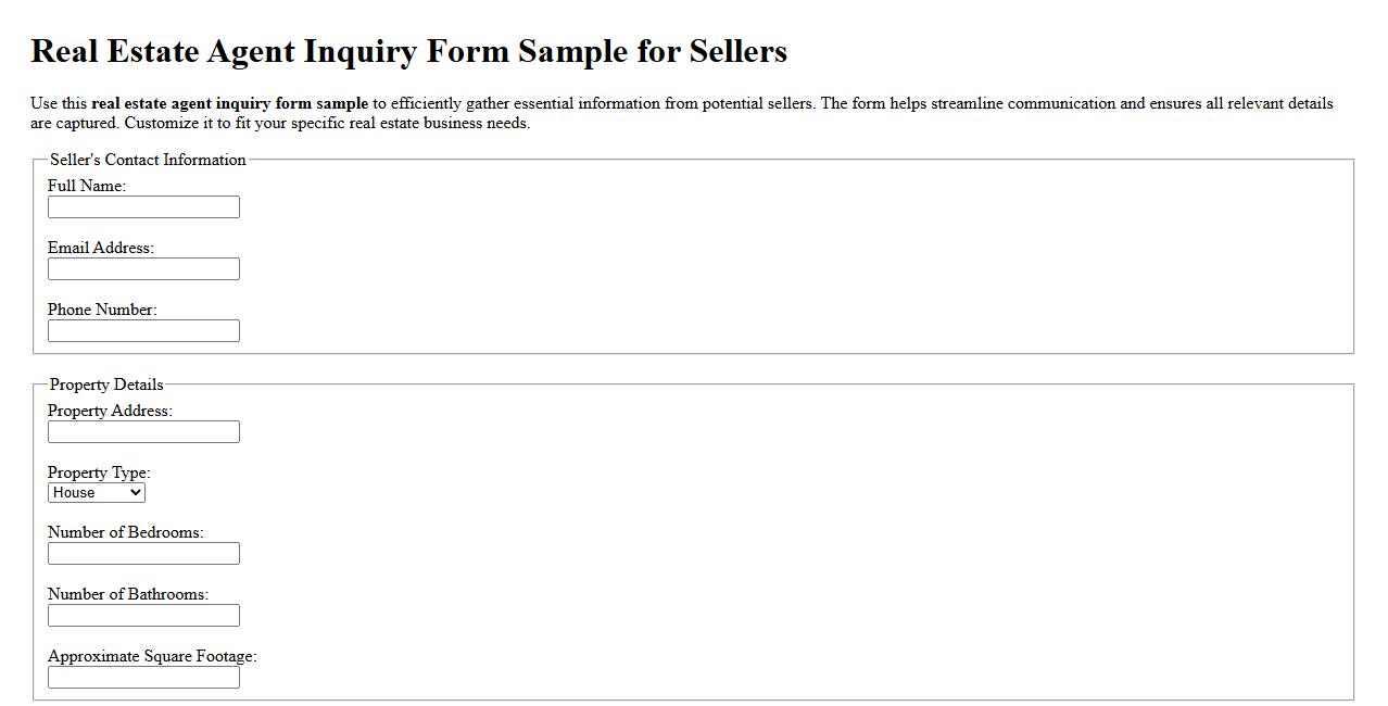 Real estate agent inquiry form sample for sellers image preview