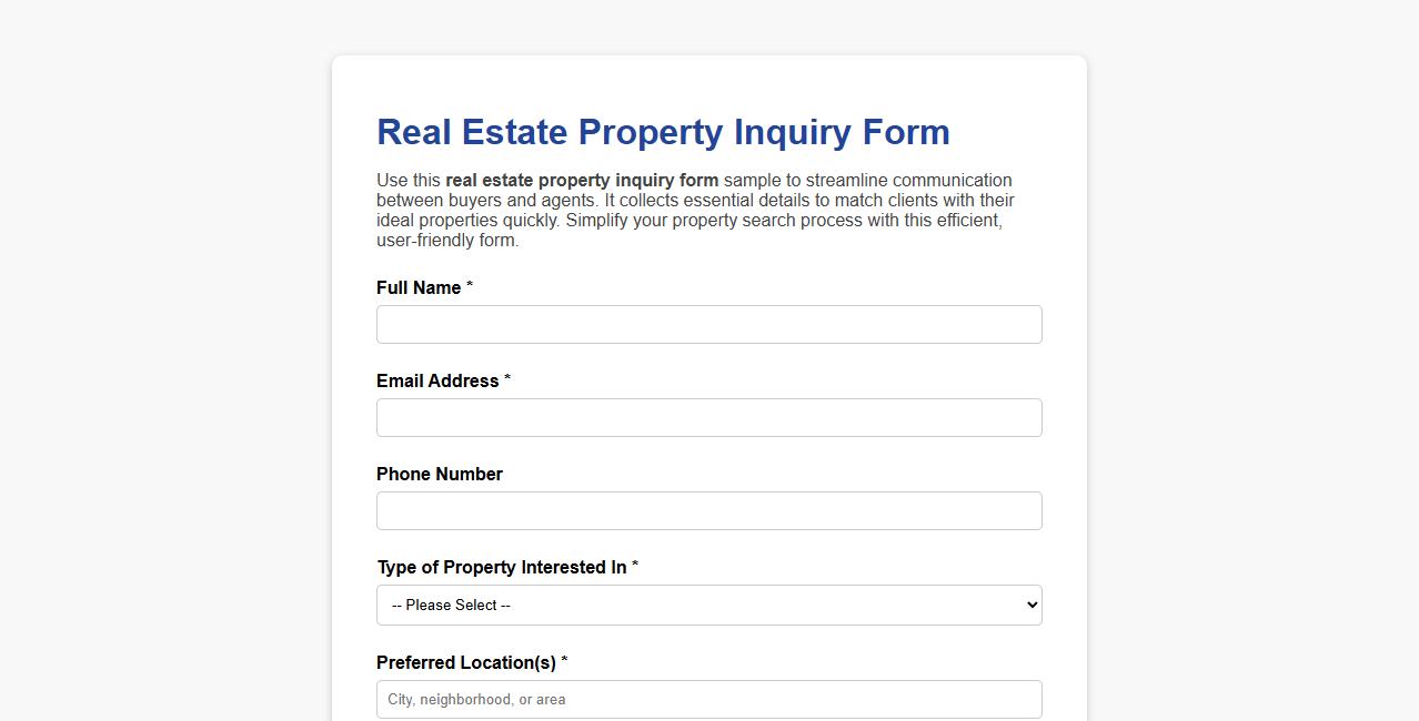 Real estate property inquiry form sample for buyers image preview