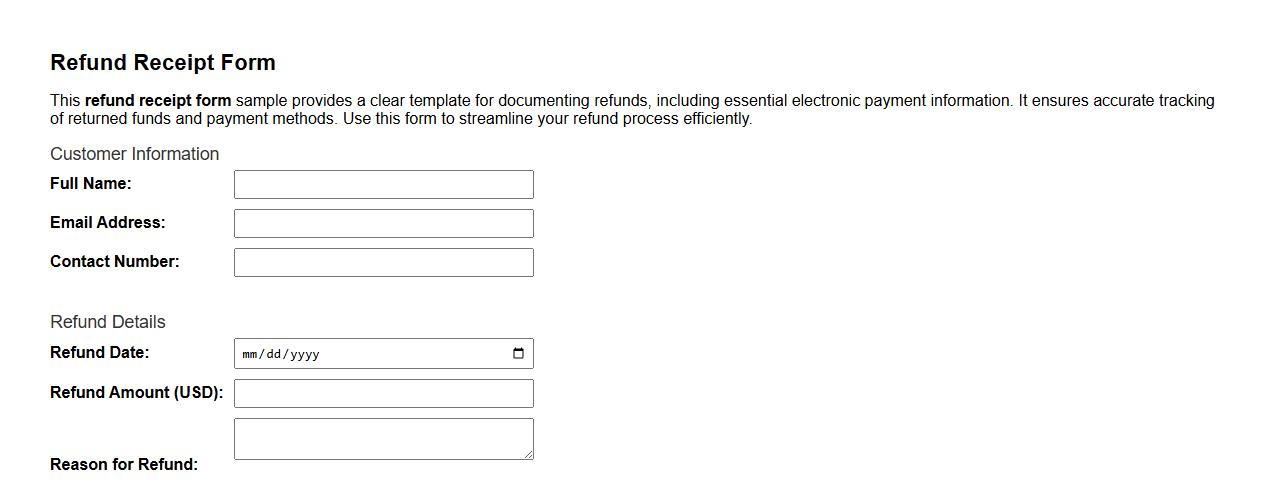 Refund receipt form sample with electronic payment information image preview