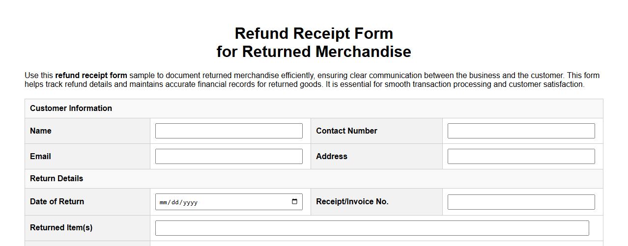Refund receipt form sample for returned merchandise image preview