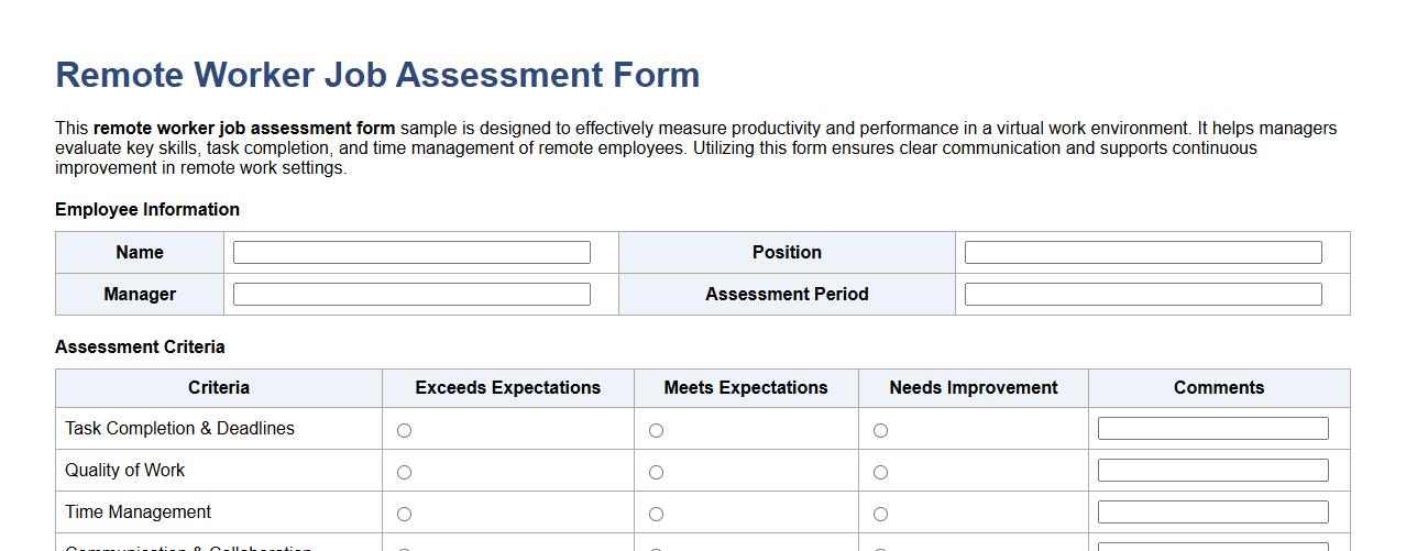 Remote worker job assessment form sample for productivity image preview