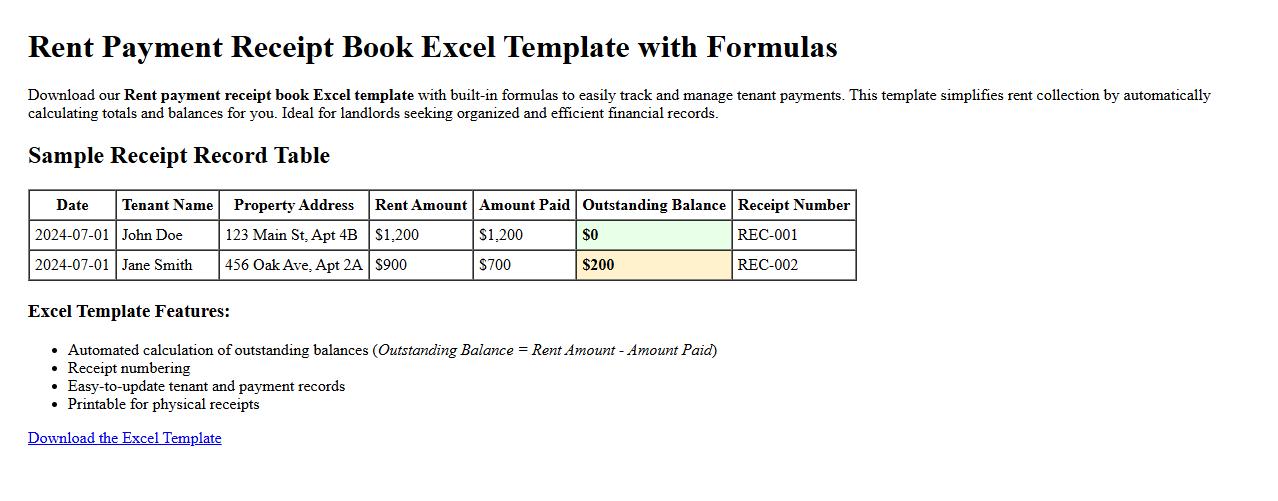 Rent payment receipt book excel template with formulas image preview