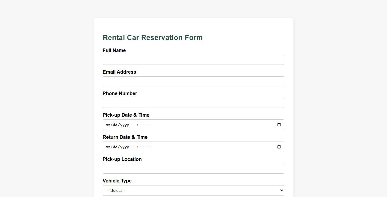 rental car reservation form sample with insurance options image preview