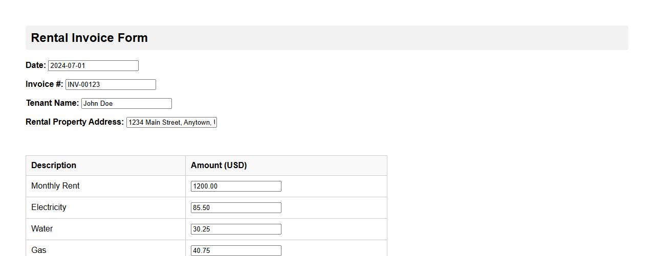 rental invoice form sample with itemized utilities image preview