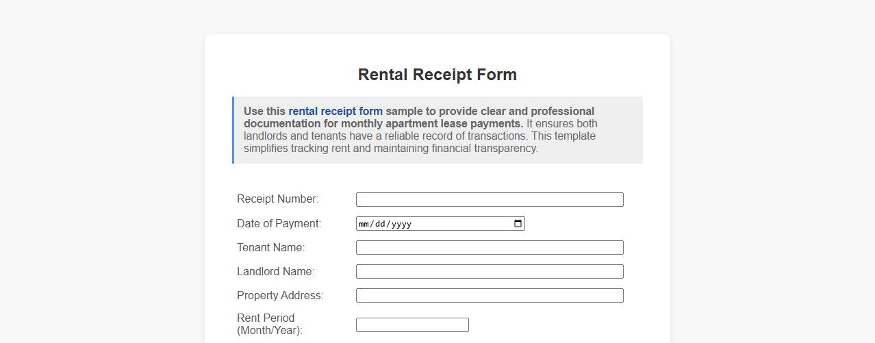 Rental receipt form sample for monthly apartment lease image preview