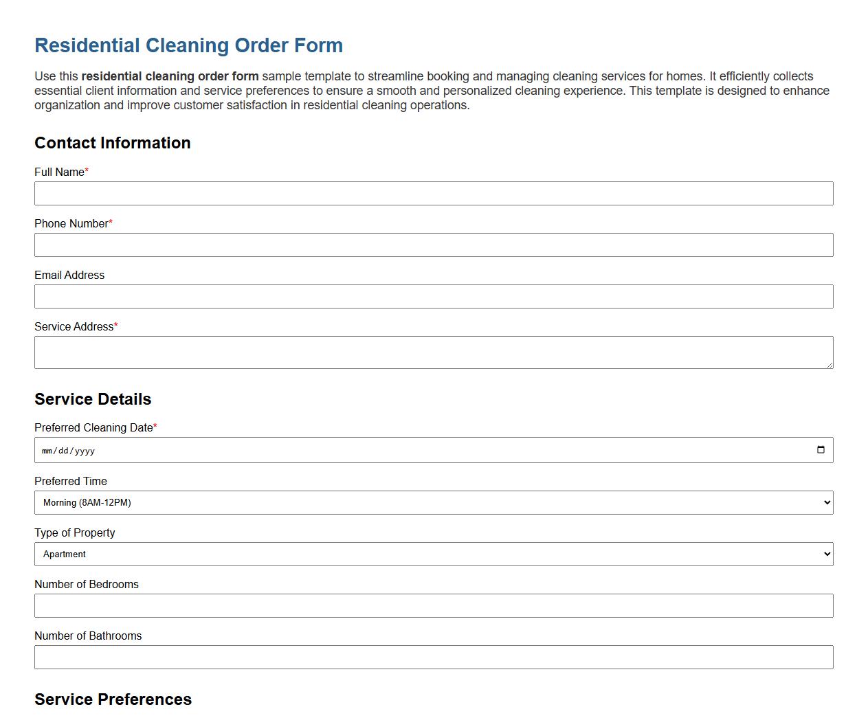 residential cleaning order form sample template image preview