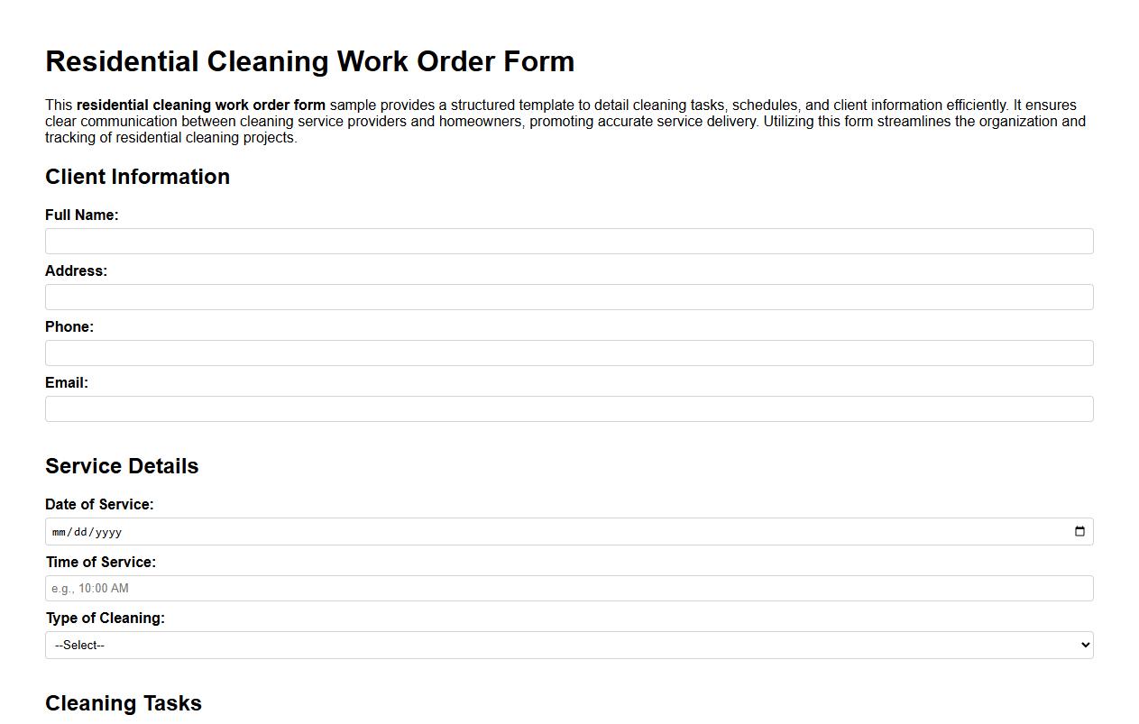 residential cleaning work order form sample image preview