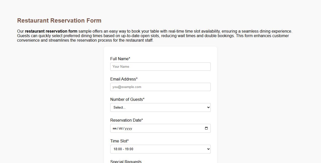 Restaurant reservation form sample with time slot availability image preview