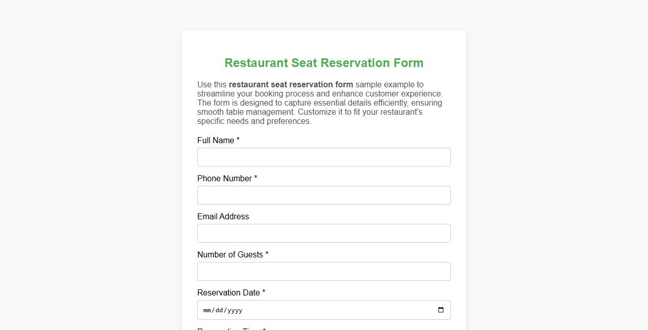 Restaurant seat reservation form sample example image preview