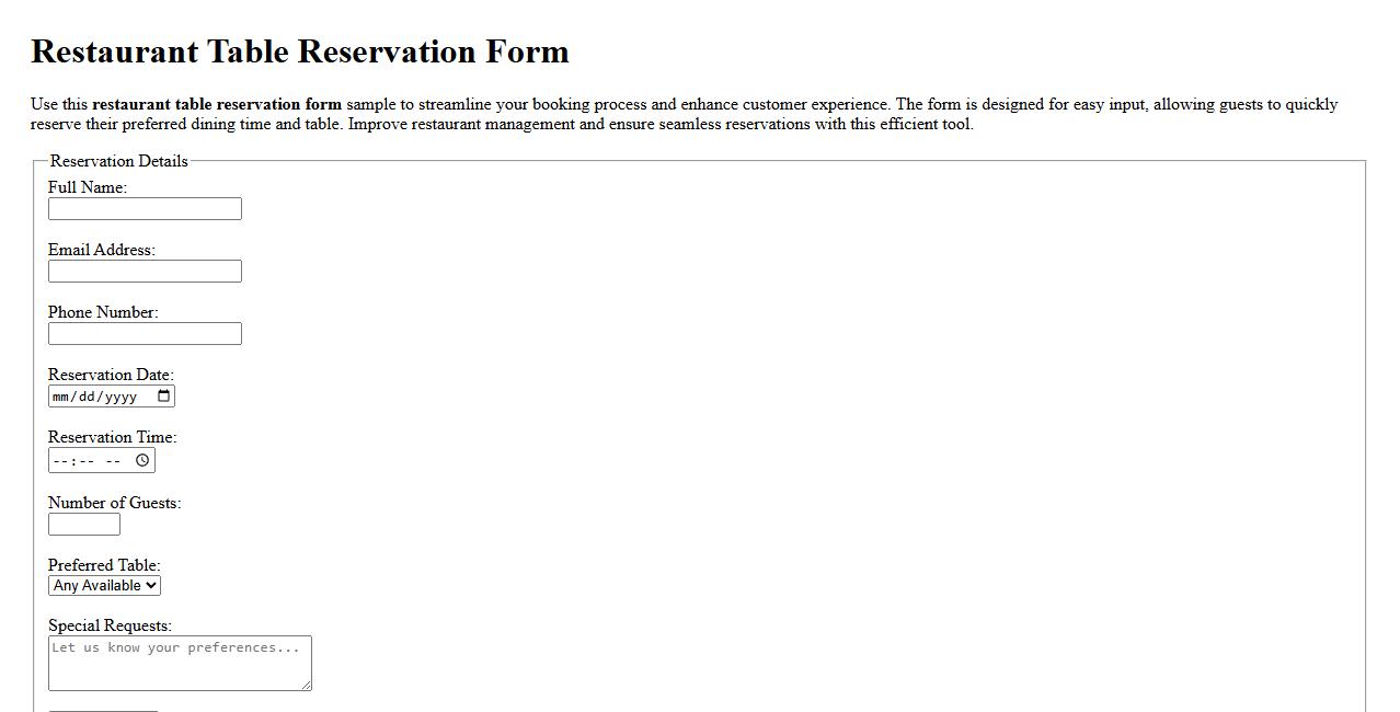 Restaurant table reservation form sample image preview