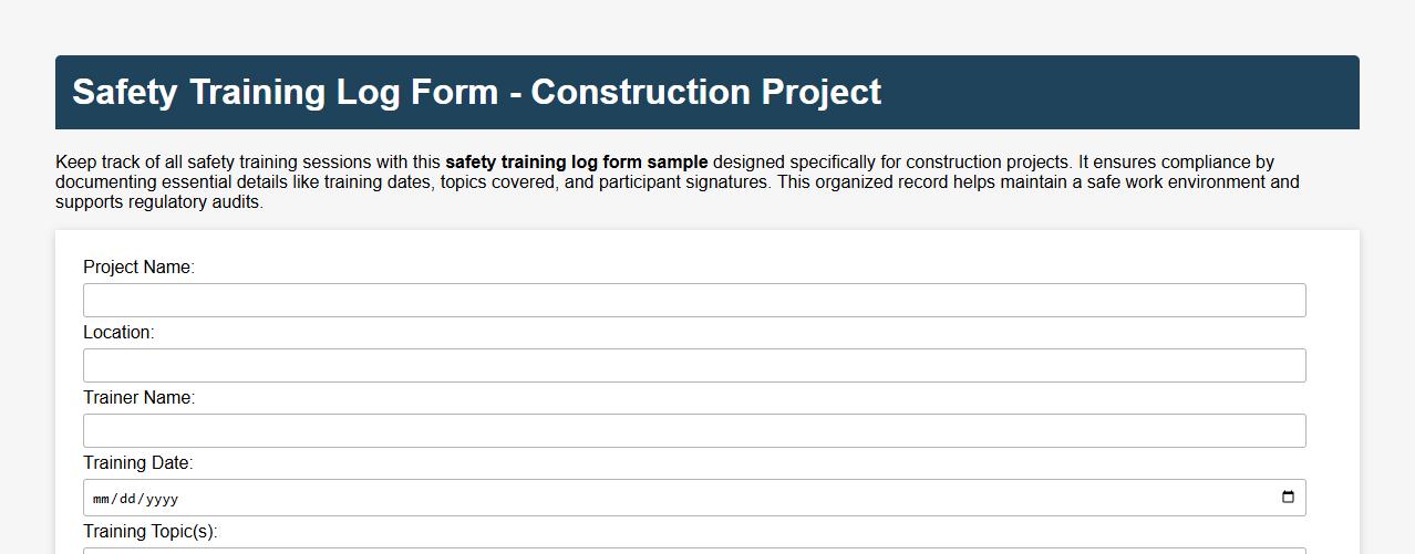 safety training log form sample for construction image preview