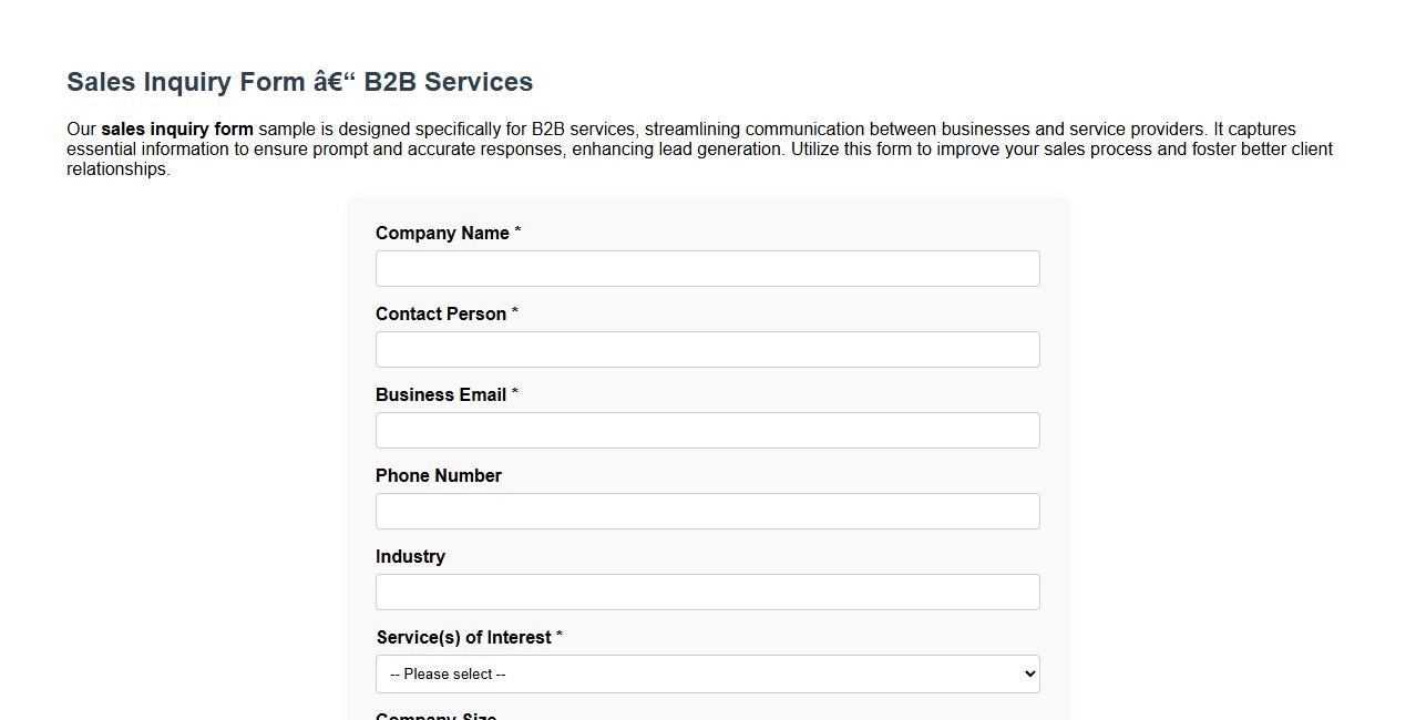 sales inquiry form sample for B2B services image preview