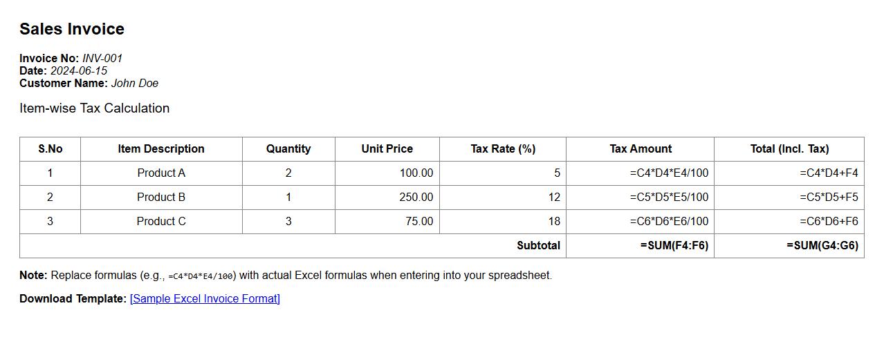 sales invoice format in excel with item-wise tax calculation image preview