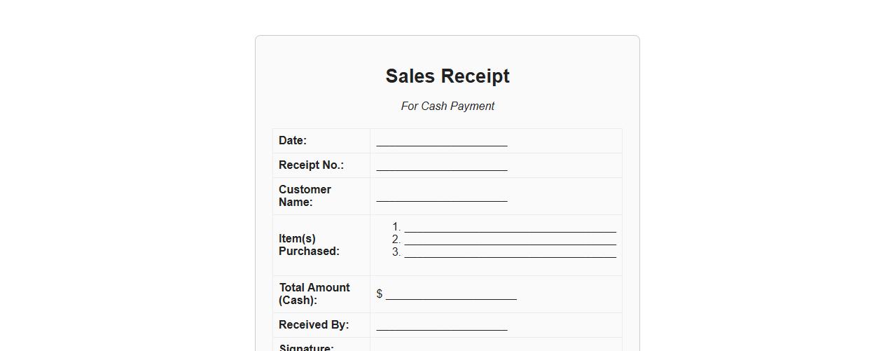 Sales receipt form sample for cash payment image preview