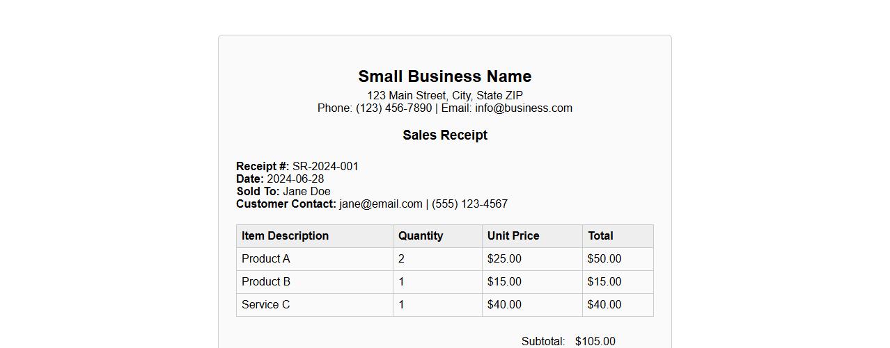 Sales receipt form sample for small business image preview