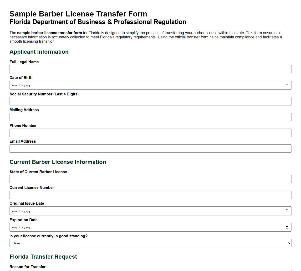 sample barber license transfer form for Florida image preview