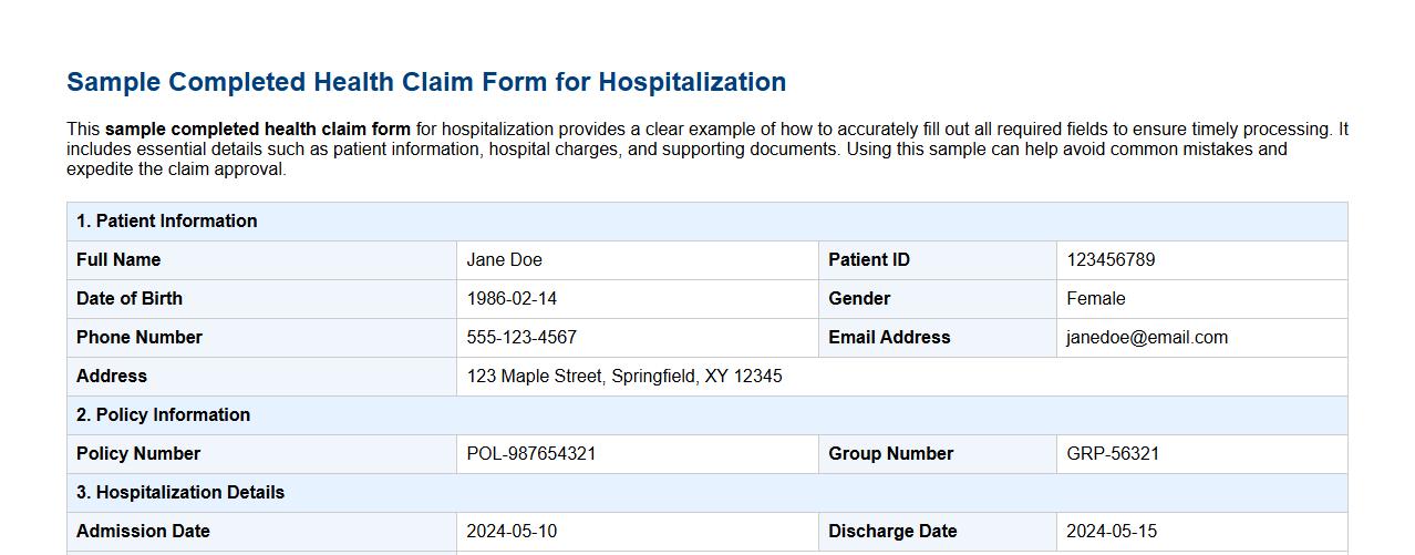 sample completed health claim form for hospitalization image preview