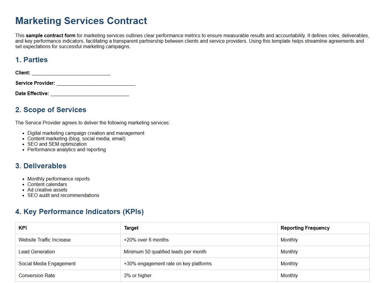 sample contract form for marketing services with performance metrics image preview