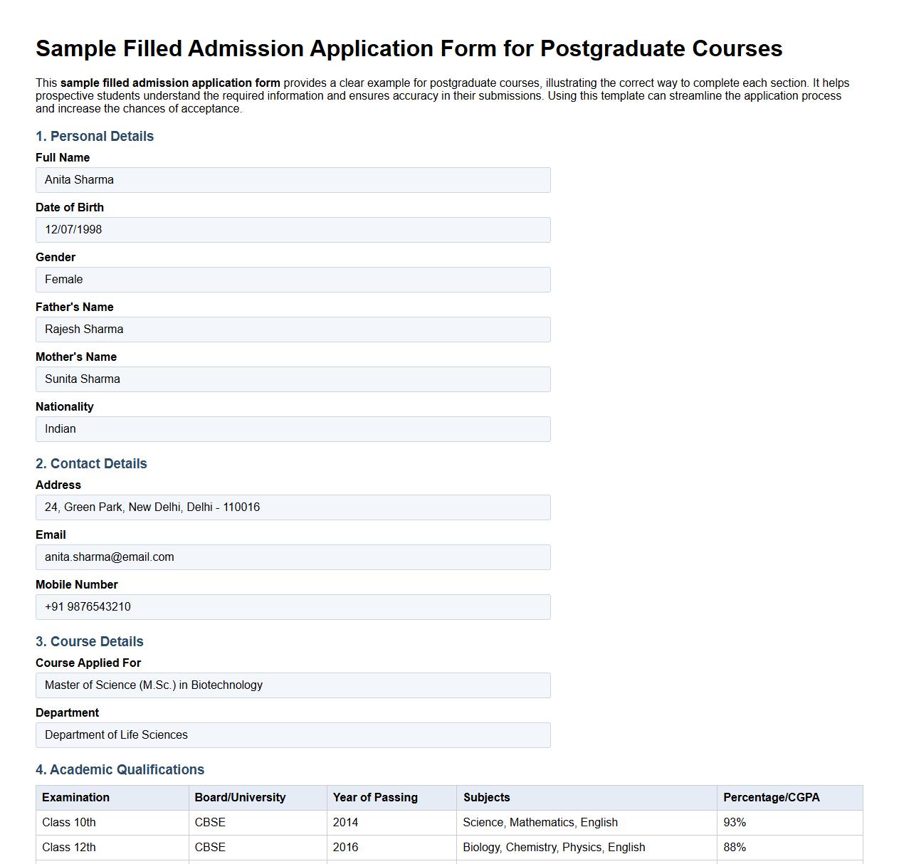 Sample filled admission application form for postgraduate courses image preview