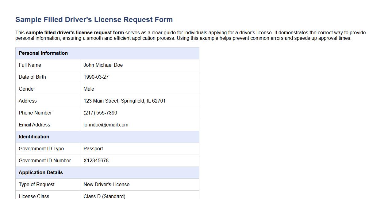 sample filled driver's license request form image preview