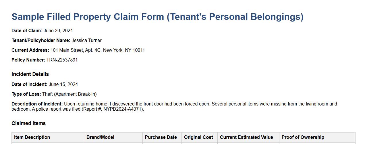 sample filled property claim form for tenant's personal belongings image preview