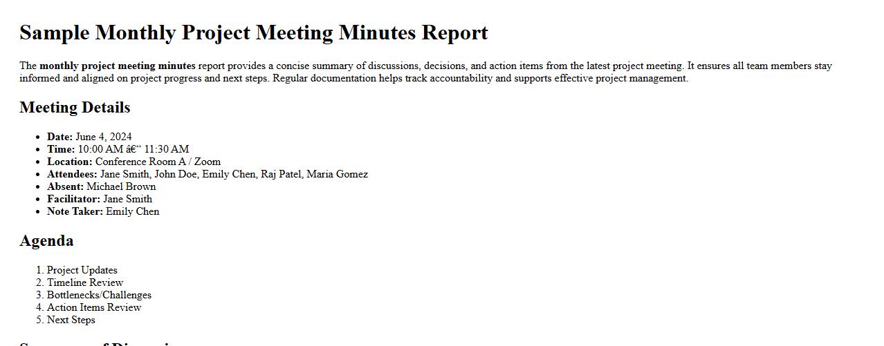 Sample monthly project meeting minutes report image preview