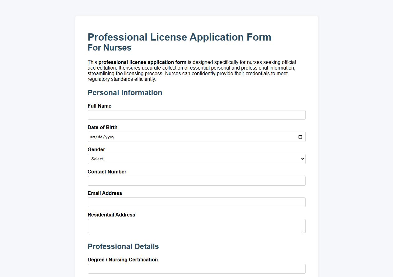 Sample professional license application form for nurses image preview