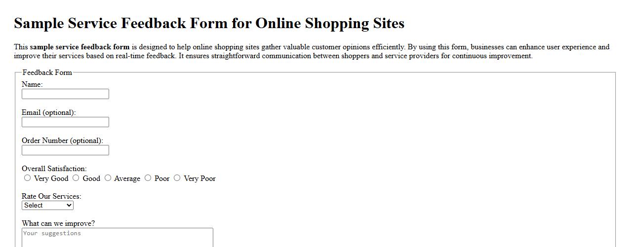 Sample service feedback form for online shopping sites image preview