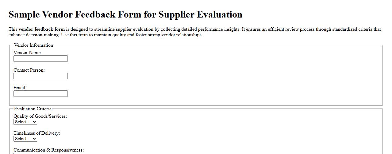 Sample vendor feedback form for supplier evaluation image preview