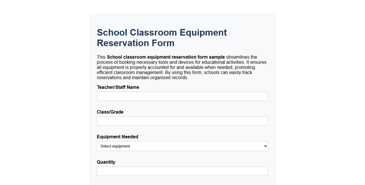 School classroom equipment reservation form sample image preview