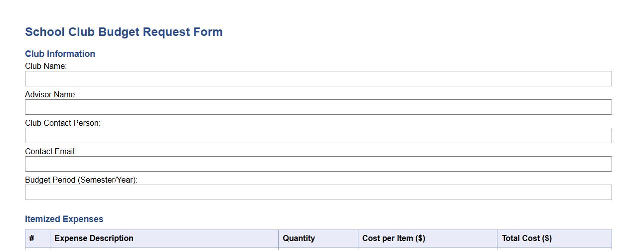 school club budget request form sample with itemized expenses image preview