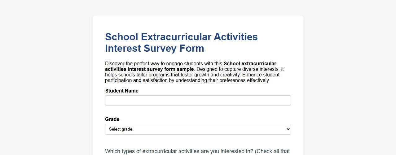 School extracurricular activities interest survey form sample image preview