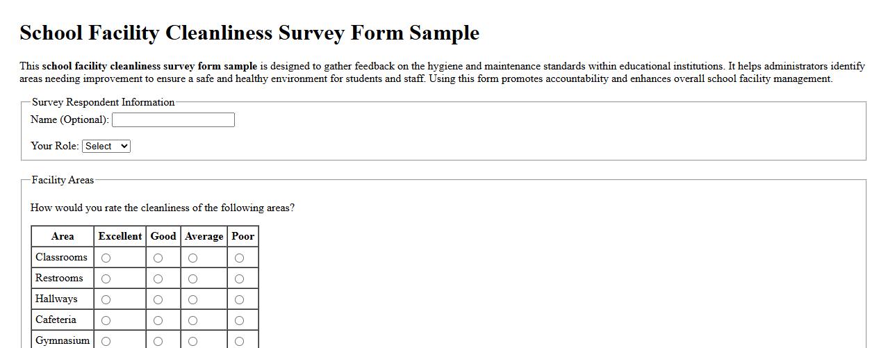 School facility cleanliness survey form sample image preview