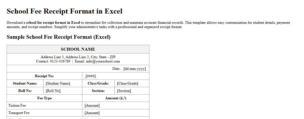 school fee receipt format in excel image preview