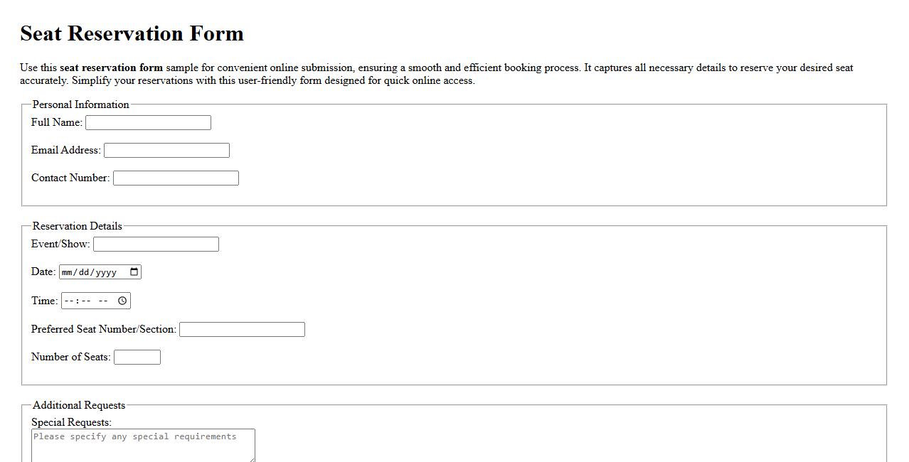 Seat reservation form sample for online submission image preview