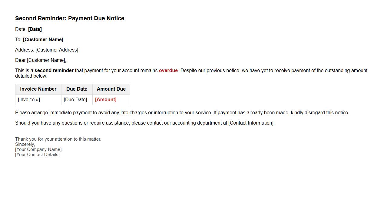 Second reminder payment due notice form sample image preview