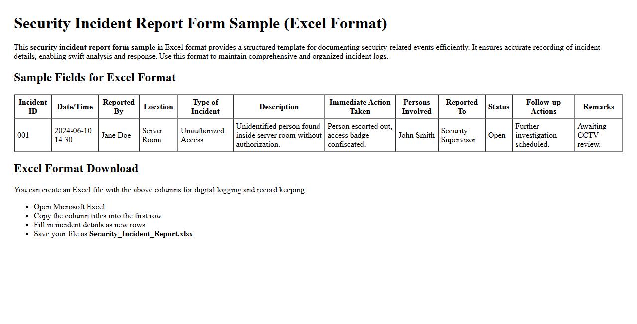 security incident report form sample excel format image preview