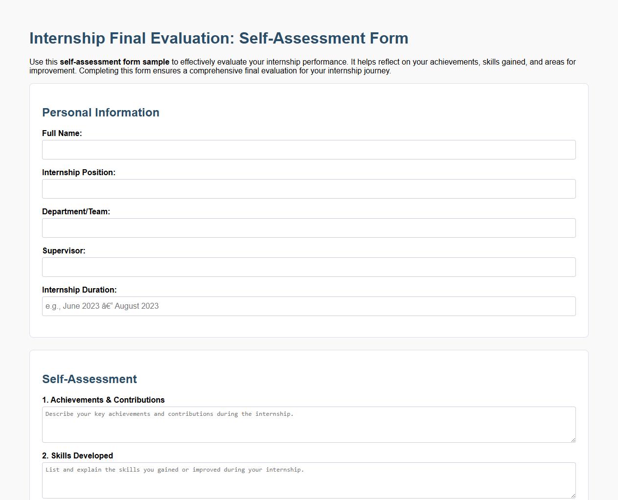 self-assessment form sample for internship final evaluation image preview