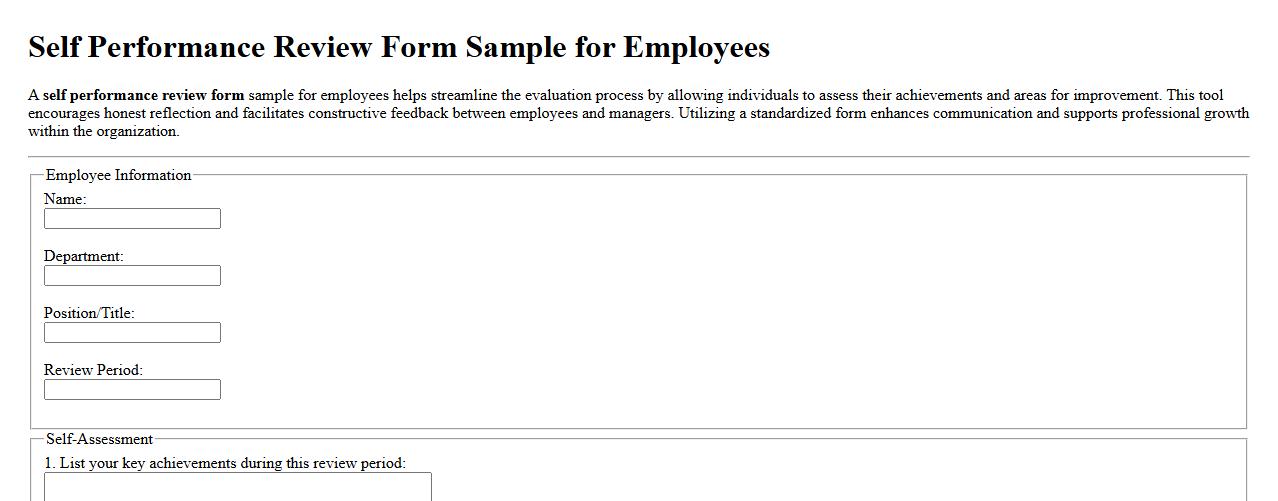 Self performance review form sample for employees image preview