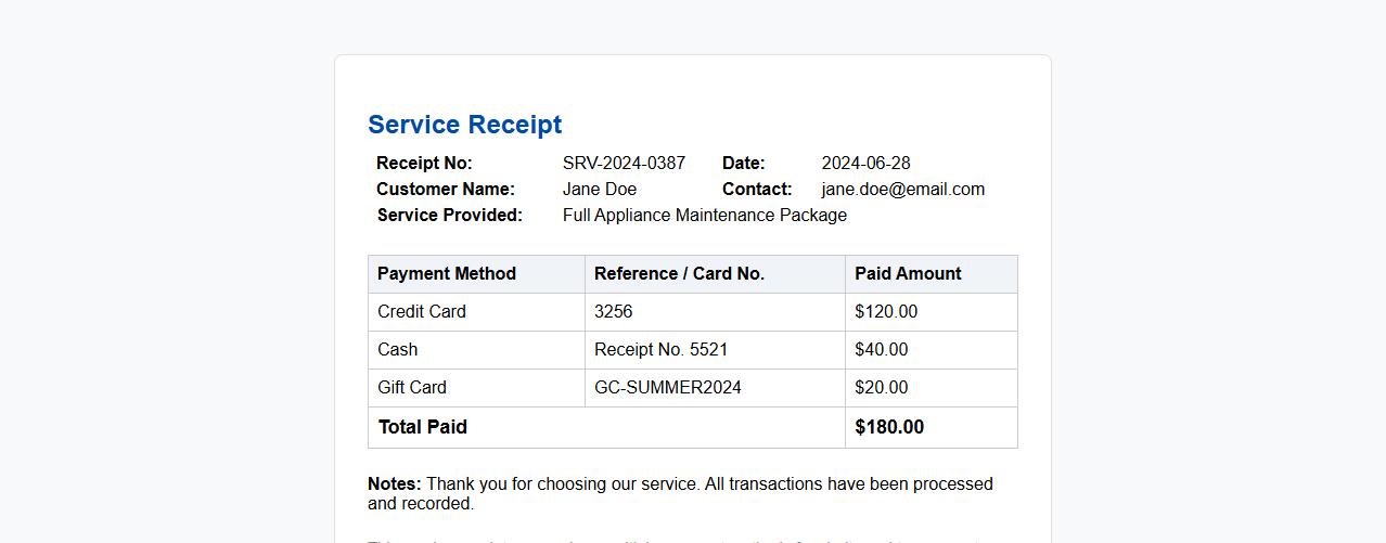 service receipt with multiple payment methods image preview