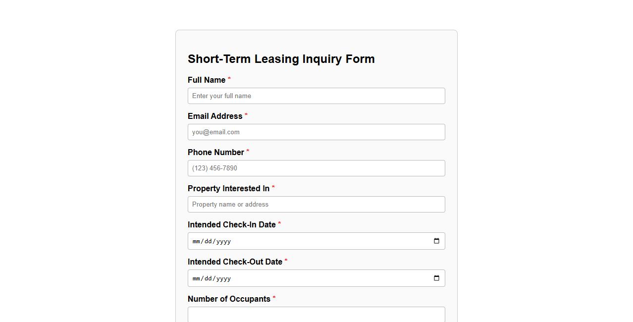 short-term leasing inquiry form sample image preview