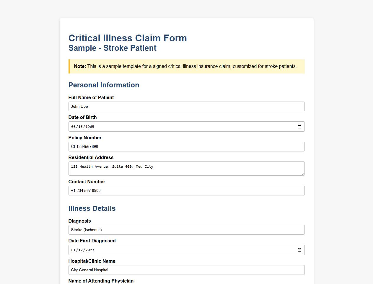 signed critical illness claim form sample for stroke patients image preview