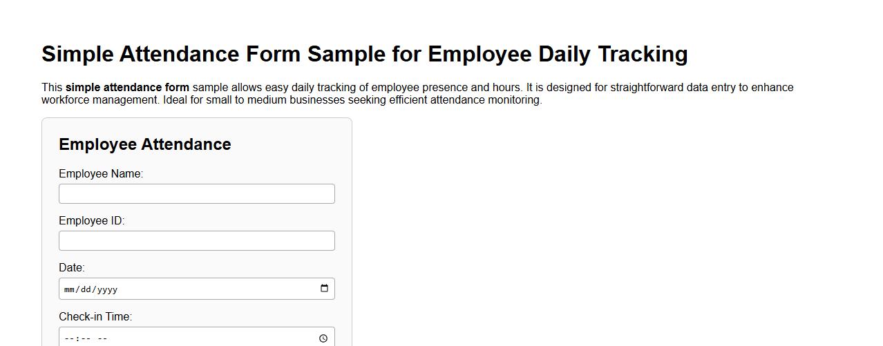 Simple attendance form sample for employee daily tracking image preview