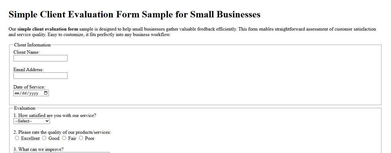 Simple client evaluation form sample for small businesses image preview