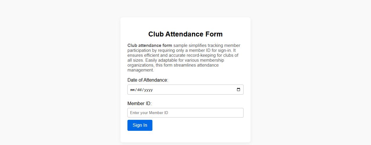 Simple club attendance form sample with member ID image preview
