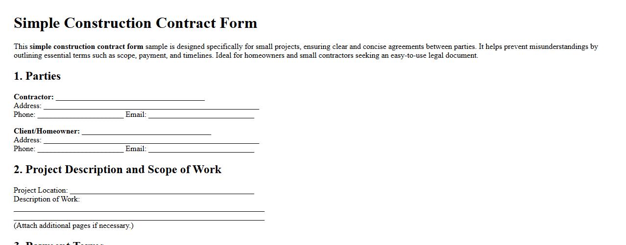 Simple construction contract form sample for small projects image preview
