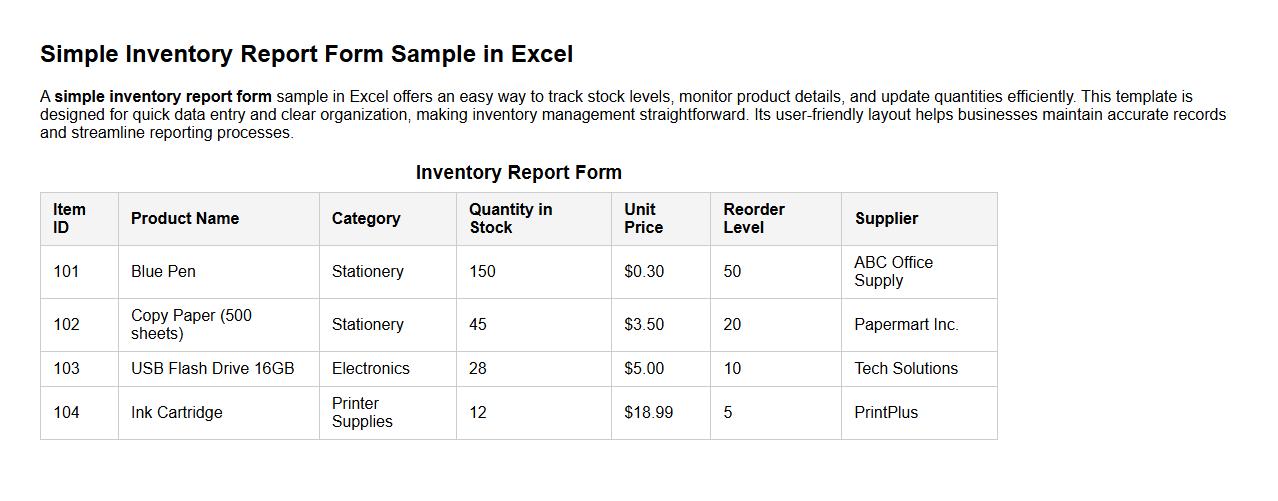 simple inventory report form sample in excel image preview